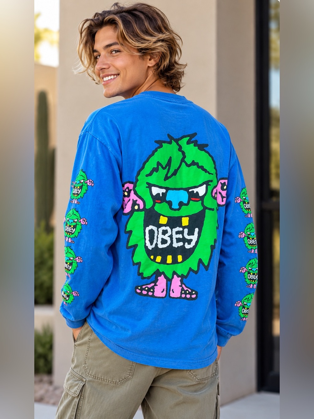 OBEY Large Blue Graphic Long Sleeve Tee Monster Streetwear Skate Y2K Cotton
